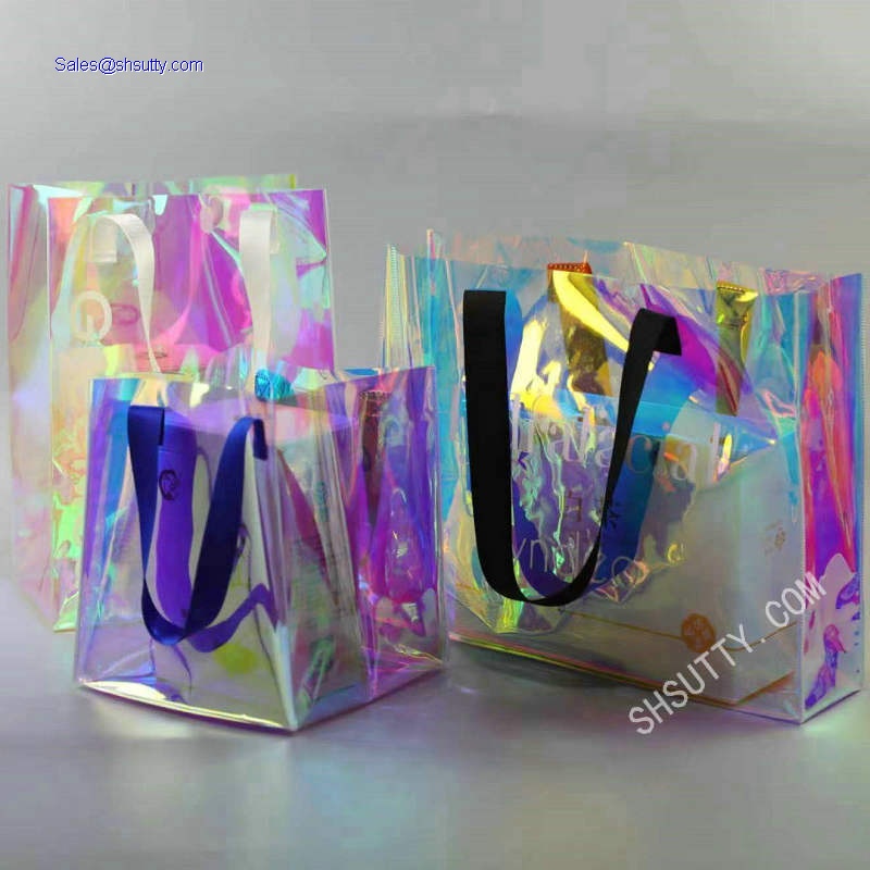 Fashion Iridescent laser transparent clear pvc bag colorful jelly gift magic large ultrasonic handbag
